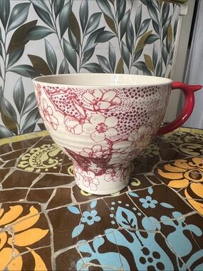 ANTHROPOLOGIE Large Floral Red and Cream Ceramic Teacup with Handle